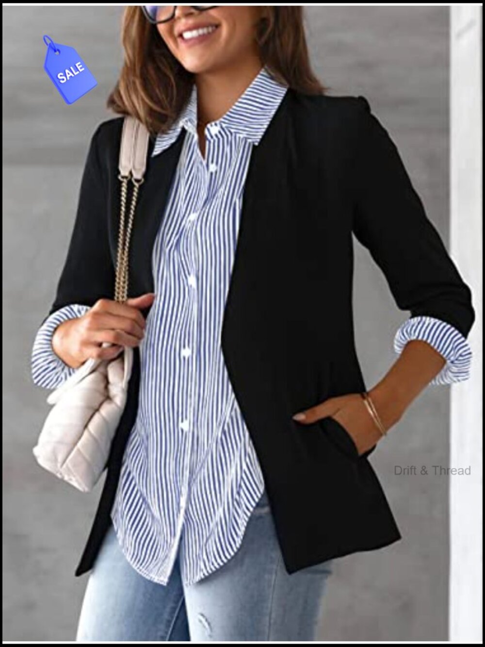 Women's Striped Button Down Long Sleeve Blouse with Pocket - Picture 3 of 6